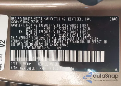 2009 Toyota Venza Base V6 from USA, damaged, VIN 4T3ZK11A89U004174